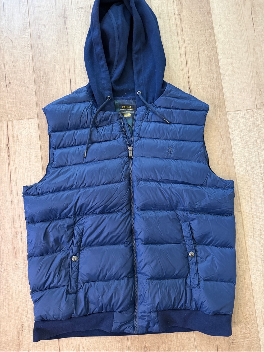 Polo Ralph Lauren Men’s Navy Down Puffer Vest with attached Hood-Large
